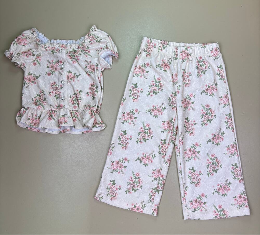 Kate Mack Girls 2T Floral 2 Piece Outfit Top Pants Pink White Lace Ruffle
